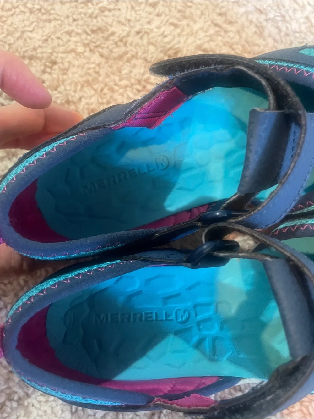 Merrell Navy and Teal Kids Water Shoes with Pink Accents